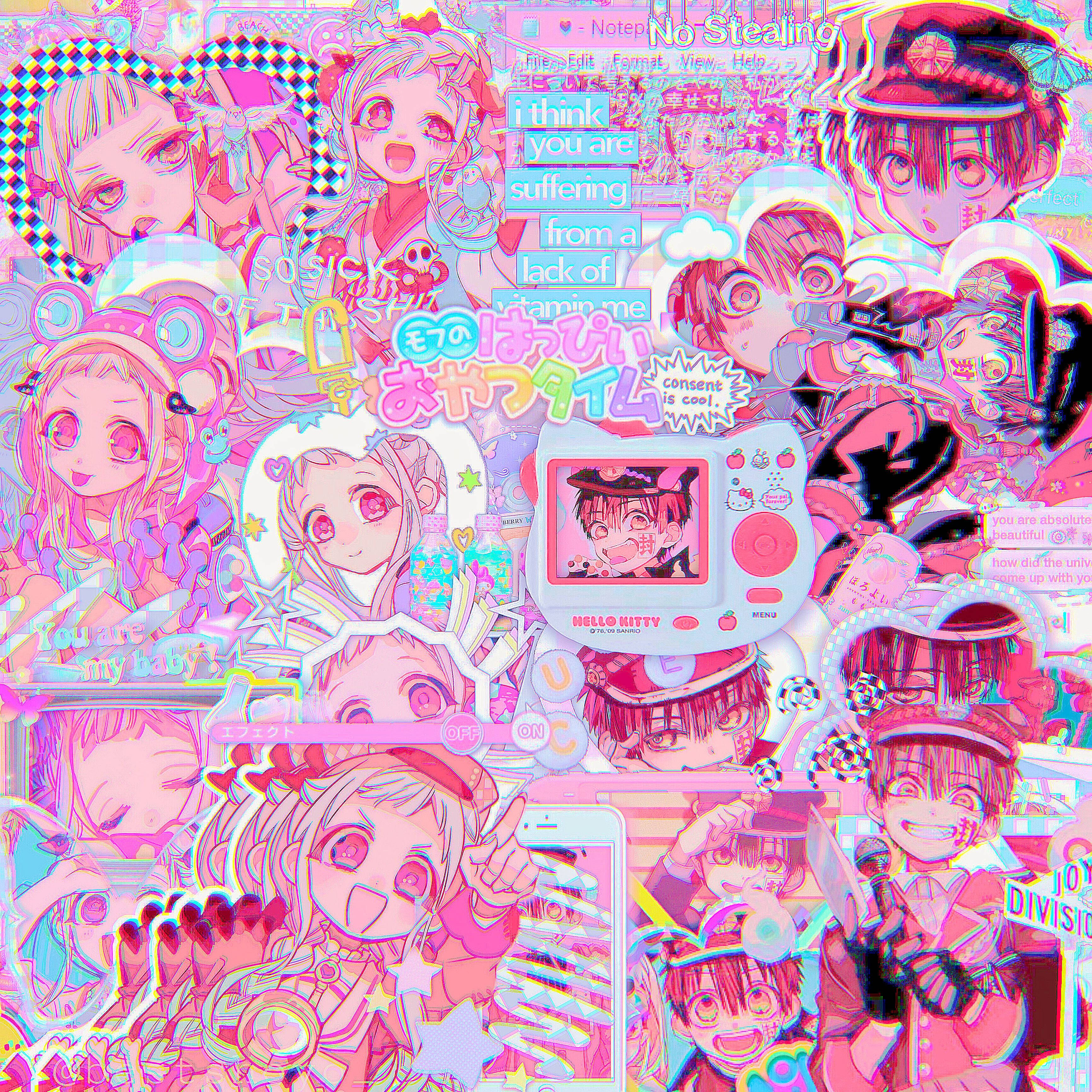 Retro 桌布 壁紙 — 充滿活力的故障風格拼貼畫，包含動漫角色和數位元素，以粉紅色和紫色調呈現。