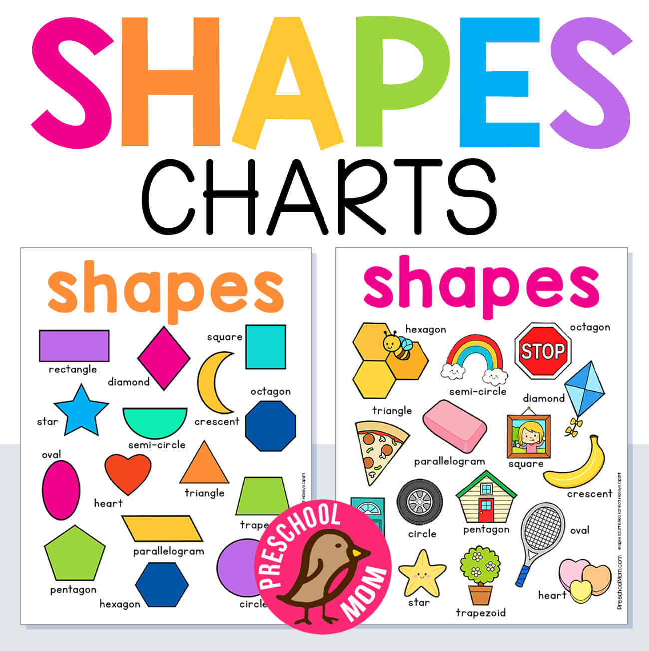 Shapes 桌布 壁紙 — 充滿活力的教育圖表展示色彩繽紛的幾何形狀，配有有趣的插圖和標籤，適合學前學習。