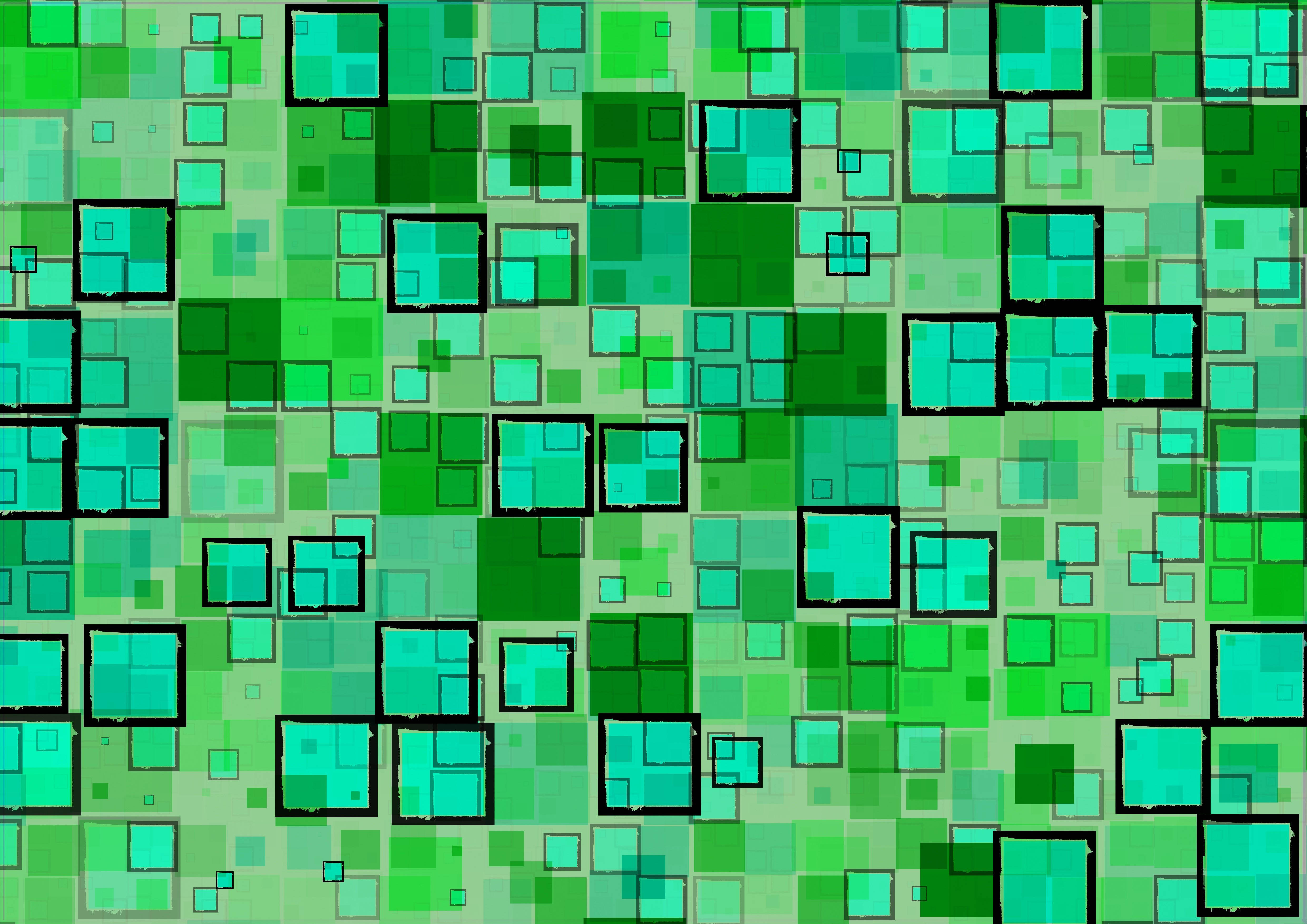 Geometric 桌布 壁紙 — 充滿活力的數位圖案，由重疊的綠色方塊和粗黑輪廓組成，營造出動態的馬賽克效果。