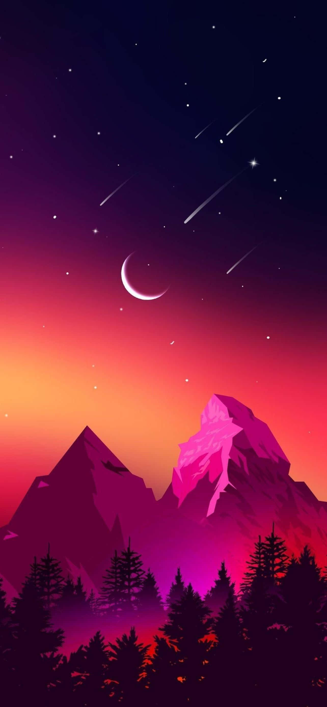 酷炫iPhone 桌布 壁紙 — 充滿活力的數位天空，新月和流星在洋紅色的山脈和深色松樹上方。