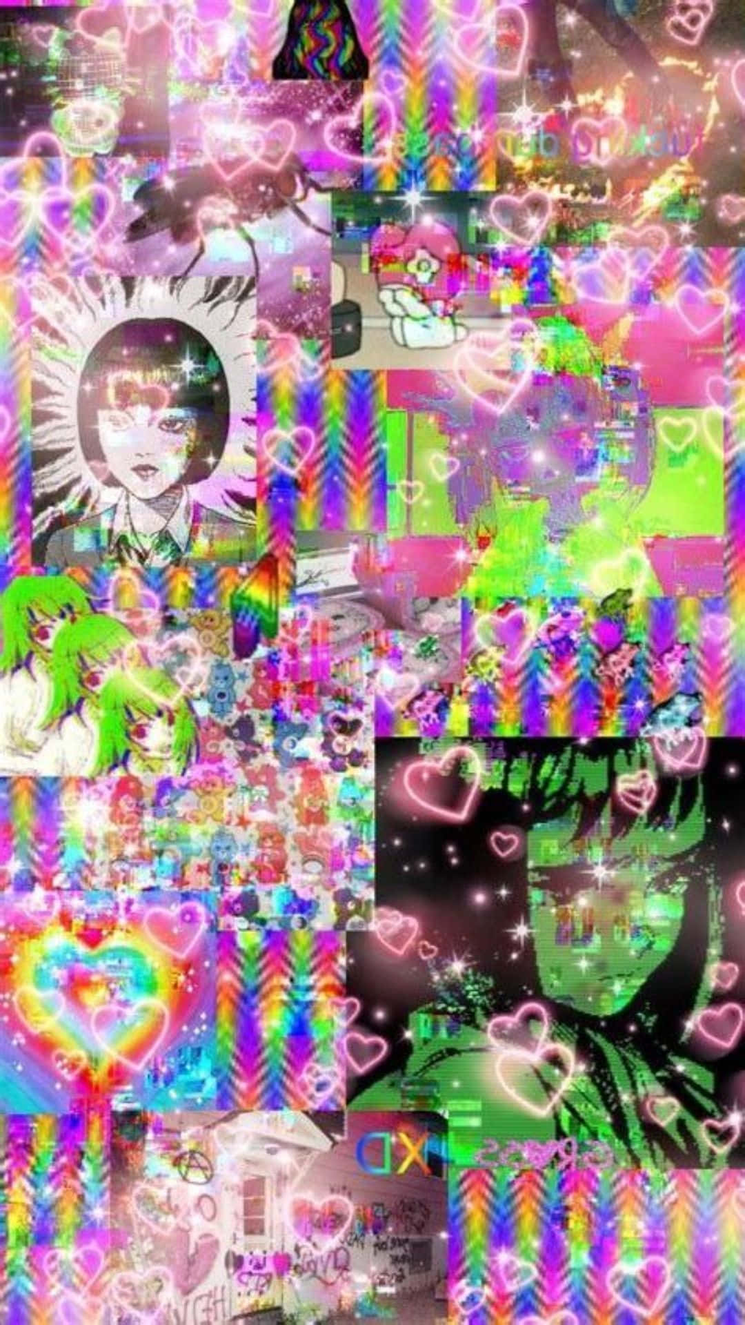哥德式動圖 桌布 壁紙 — 充滿活力的數位拼貼，包含動漫角色和故障藝術，帶有霓虹心形和彩虹圖案。