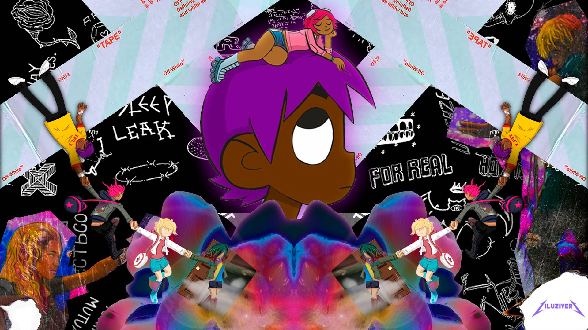Lil Uzi Desktop 桌布 壁紙 — 充滿活力的數位拼貼畫，以動漫角色和塗鴉風格文字為特色，背景為動態的紫色和粉紅色。