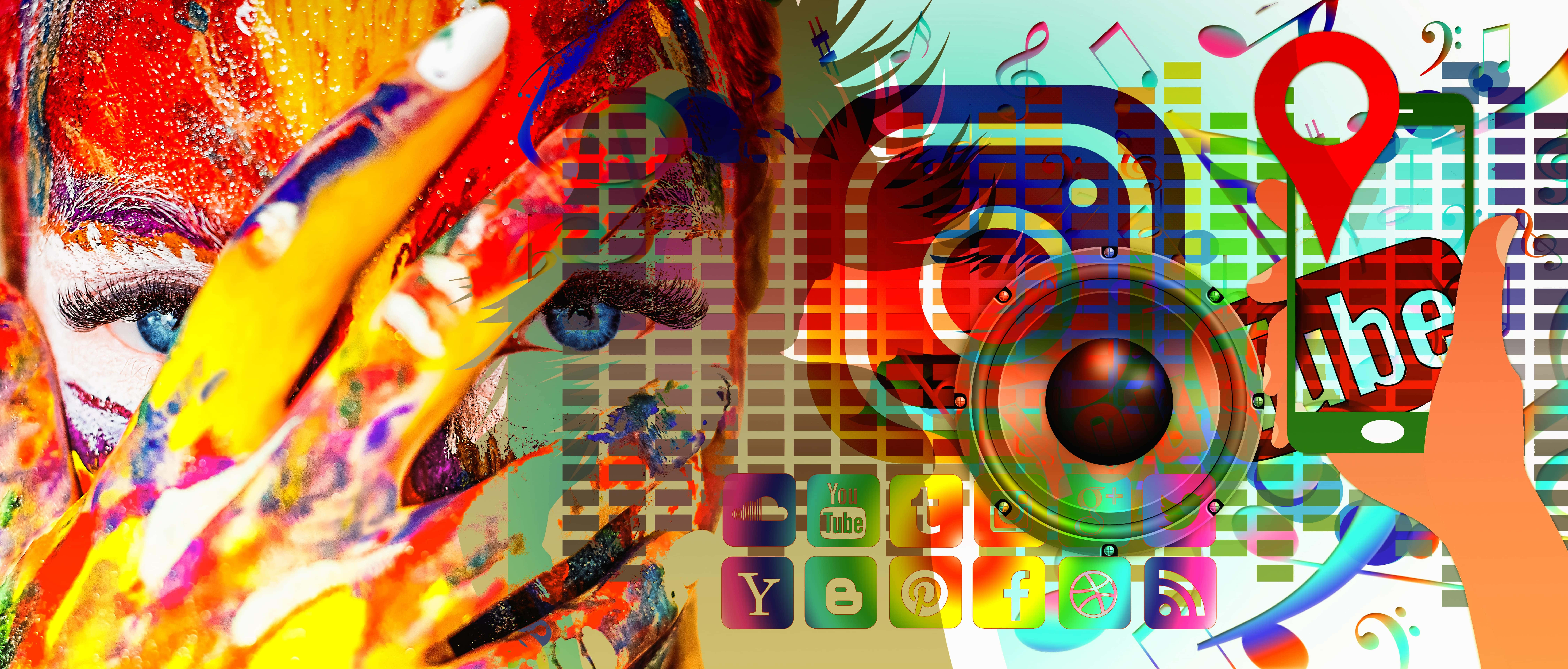 4K Social Media 桌布 壁紙 — 充滿活力的數位拼貼畫，包含色彩繽紛的臉孔、社交媒體圖示和揚聲器，背景帶有故障效果。