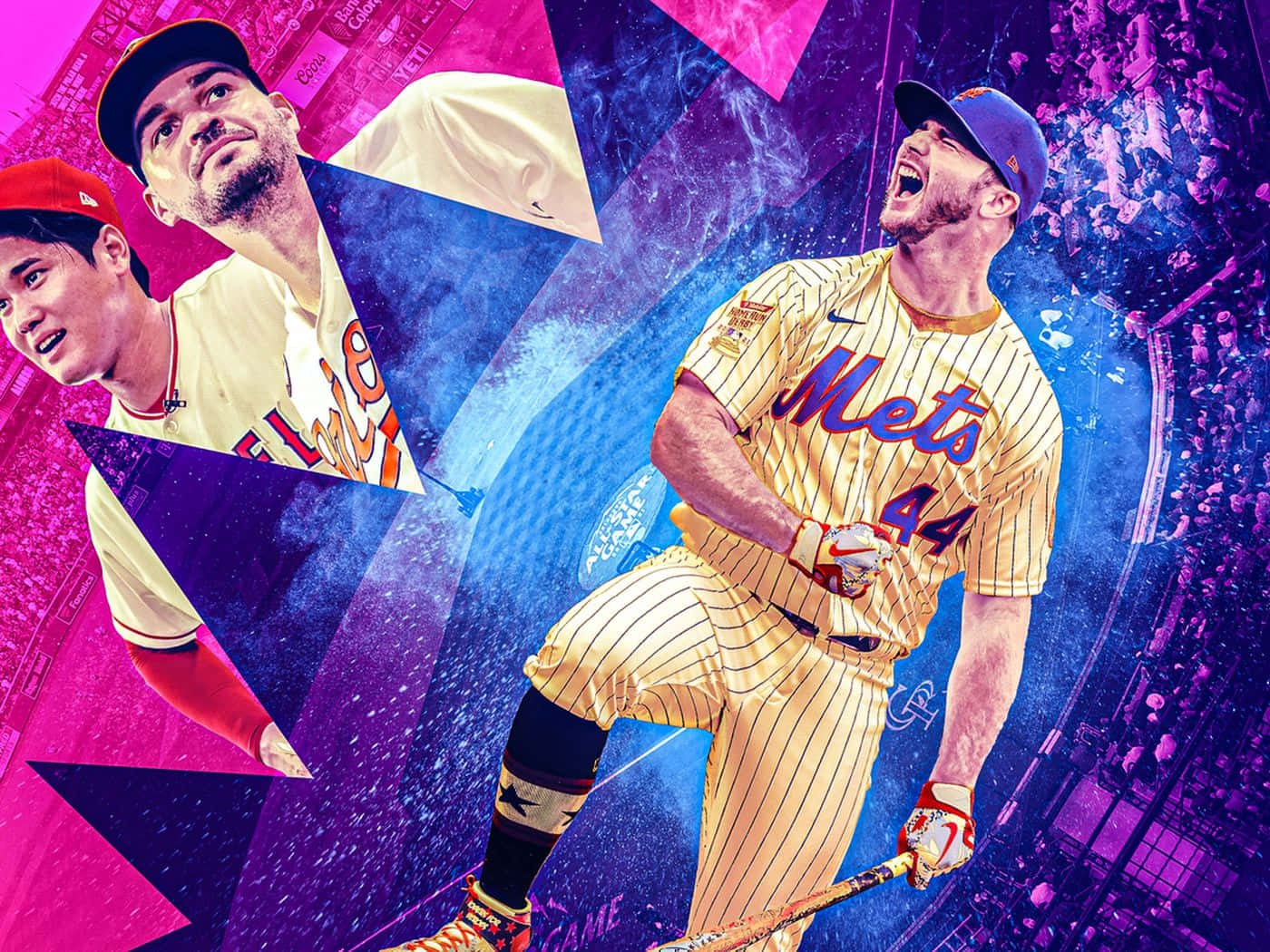 Pete Alonso 桌布 壁紙 — 充滿活力的數位拼貼畫，描繪兩名棒球運動員在幾何紫色和粉紅色體育場背景下擺出動作姿勢。