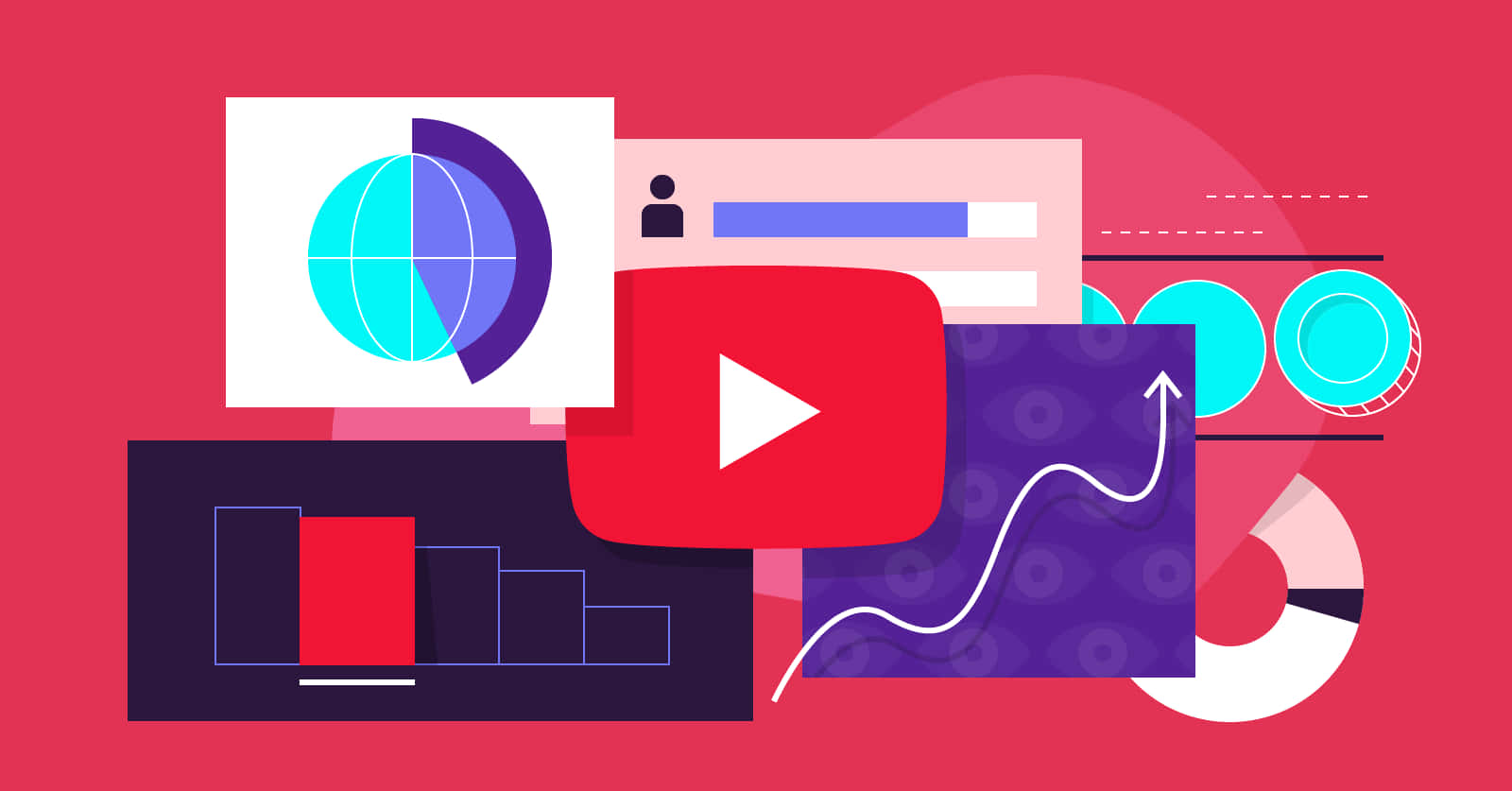 YouTube 桌布 壁紙 — 充滿活力的數位插圖，YouTube 播放按鈕被抽象數據圖表和社交媒體圖示包圍，背景為大膽的紅色。