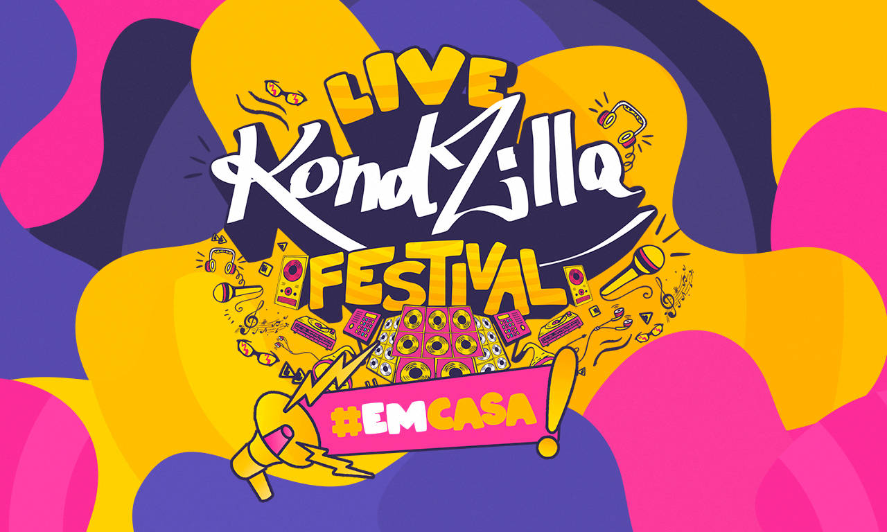 音樂 桌布 壁紙 — 充滿活力的數位插圖，描繪了現場 KondZilla 音樂節，帶有鮮明的粉紅色、黃色和紫色抽象形狀及音樂圖標。