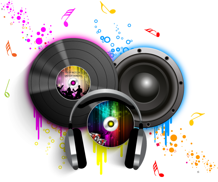 DJ 桌布 壁紙 — 充滿活力的數位插圖，描繪揚聲器、耳機和唱片爆發出色彩繽紛的音樂音符和油漆飛濺。