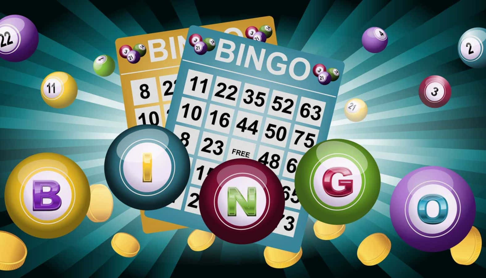 Bingo 桌布 壁紙 — 充滿活力的數位插圖，描繪賓果遊戲中色彩繽紛的球和卡片在閃耀的青綠色背景上迸發出來。