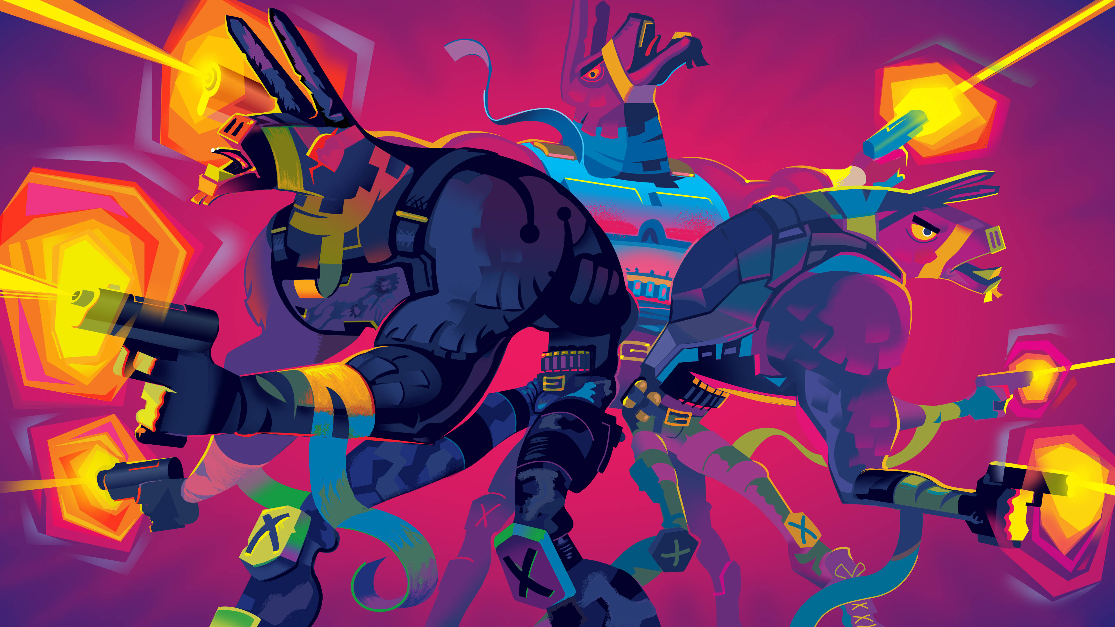 Fortnite Chapter 3 桌布 壁紙 — 充滿活力的數位插圖，描繪風格化的機器人角色在霓虹粉紅和橙色六邊形背景上發射發光武器。