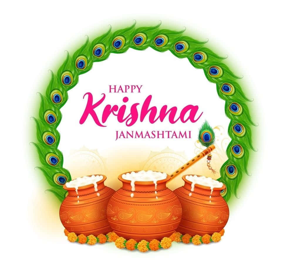 Krishna Janmashtami 桌布 壁紙 — 充滿活力的數位插圖以孔雀羽毛花環和三個裝滿白色奶油的陶罐慶祝克里希納·詹馬什塔米節。