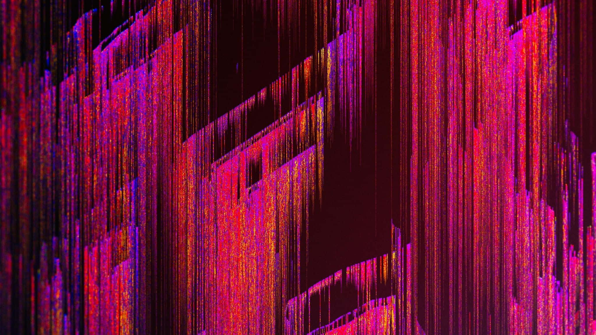 桌布 壁紙 — 充滿活力的數位故障藝術，在深色背景上呈現洋紅色和深紅色的像素流瀑布效果。