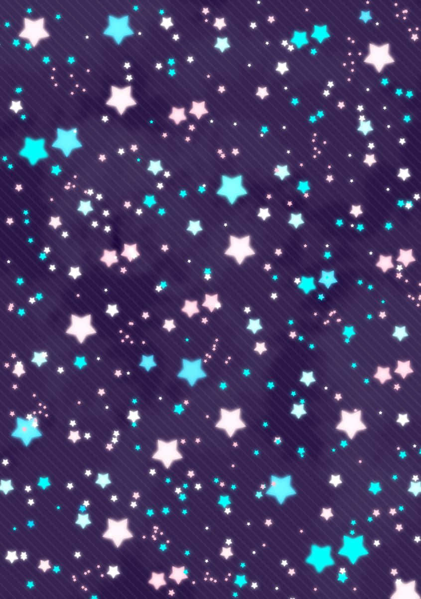 Cute Stars 桌布 壁紙 — 充滿活力的數位桌布，在深紫色背景上帶有對角線條紋，散佈著發光的青色和粉紅色星星。