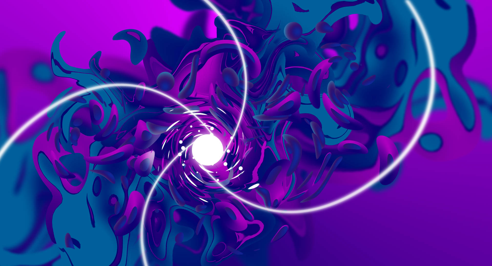 Purple Gaming 桌布 壁紙 — 充滿活力的數位漩渦，由洋紅色和藍綠色的液體形態圍繞著發光的白色核心和霓虹弧線匯聚而成。