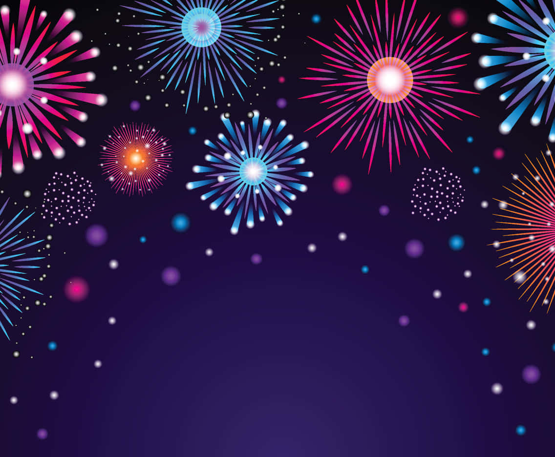 firework 桌布 壁紙 — 充滿活力的數位煙火在深紫色夜空中綻放出燦爛的粉紅、藍色和橙色光芒，並點綴著發光的粒子。