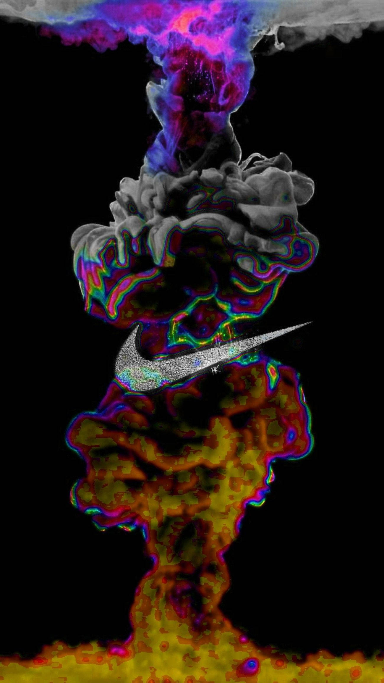 Nike 桌布 壁紙 — 充滿活力的數位爆炸，旋轉的霓虹煙霧在黑色虛空中形成核心的Nike勾勾。