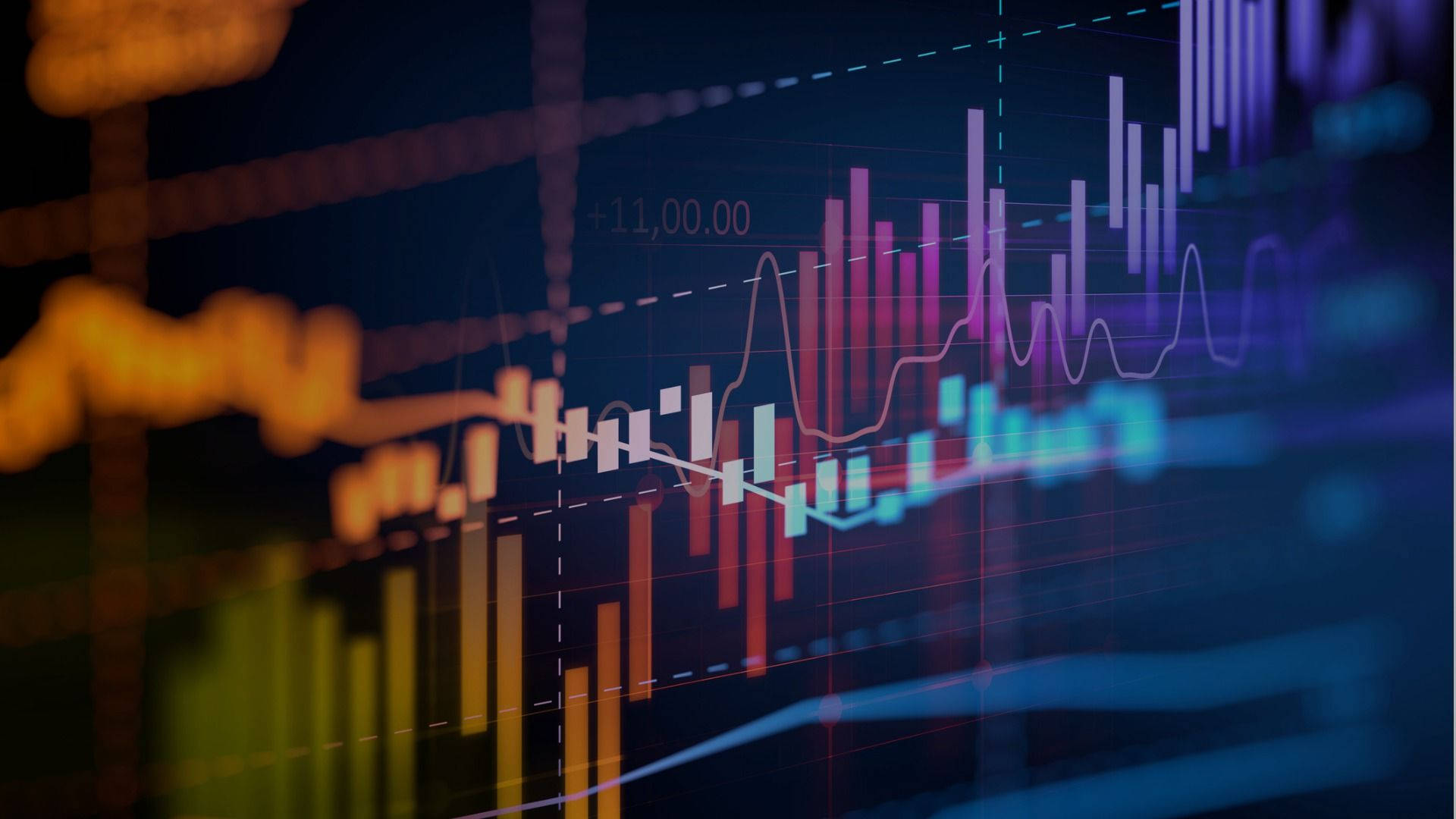 Market 桌布 壁紙 — 充滿活力的數位股票市場圖表在深色背景上以霓虹色調發光，顯示動態的金融數據。