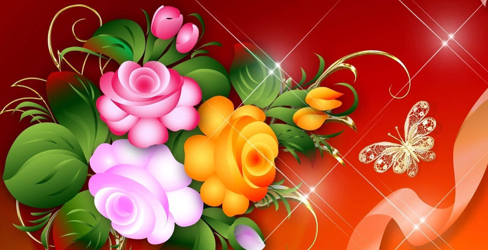 Beautiful Flower 桌布 壁紙 — 充滿活力的數位花束，包含粉紅、紫色和橙色玫瑰，搭配綠葉和一隻金色蝴蝶，背景是閃爍的紅色漸變。