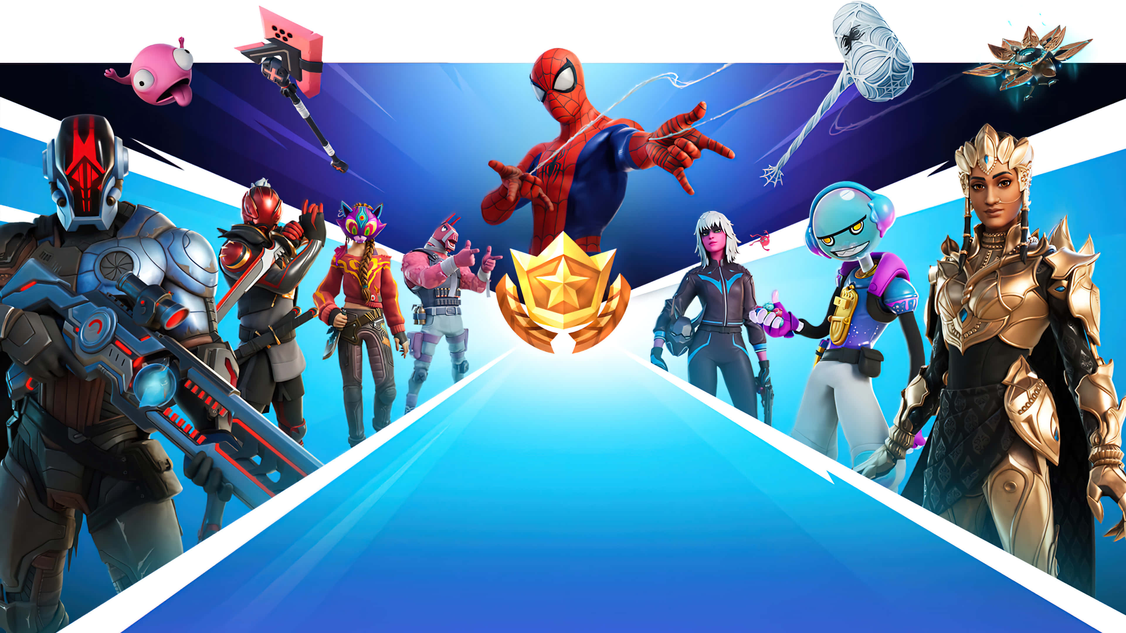 Fortnite Chapter 3 桌布 壁紙 — 充滿活力的數位藝術作品， featuring 標誌性遊戲角色如蜘蛛人和要塞英雄英雄，圍繞著一個發光的金色星星標誌，背景是動態的藍白斜線。