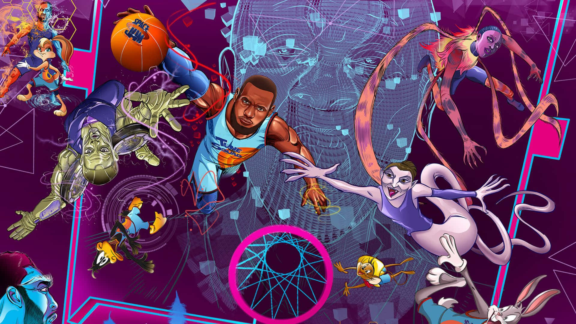 Space Jam A New Legacy 桌布 壁紙 — 充滿活力的數位藝術作品，以動態姿勢的動畫角色為特色，背景為霓虹紫色和藍色幾何圖案。