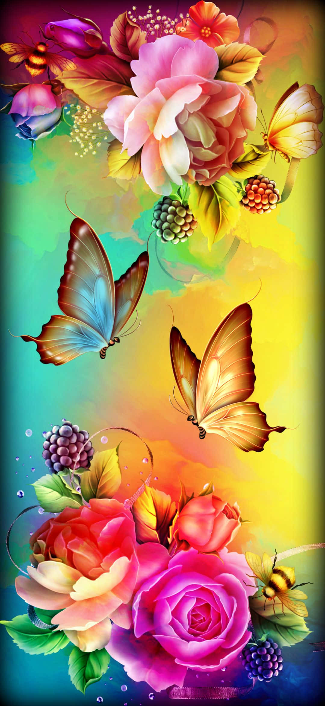 Emerging Butterfly 桌布 壁紙 — 充滿活力的數位藝術作品，以茂盛的粉紅色和紅色玫瑰、色彩繽紛的蝴蝶和漿果為特色，背景是燦爛的漸變天空。