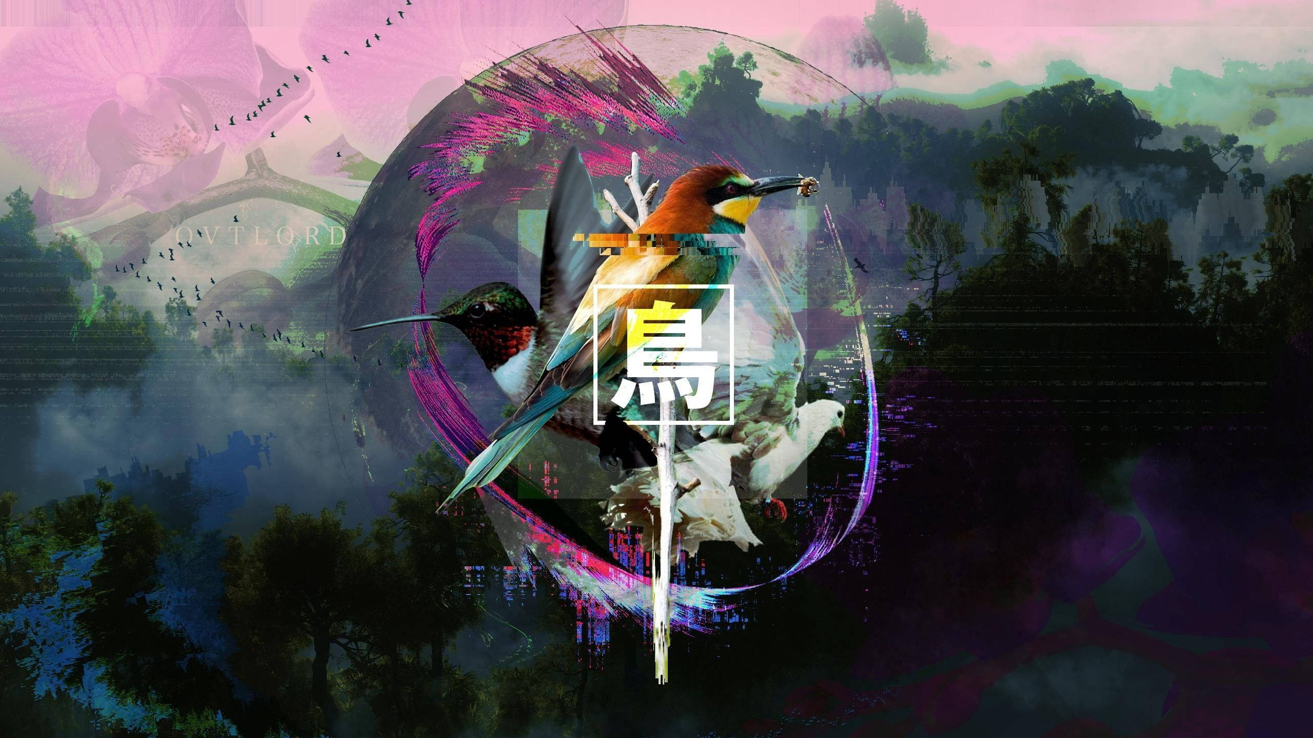 蒸氣波 桌布 壁紙 — 充滿活力的數位藝術作品，兩隻鳥在發光的球體內，背景是帶有粉紅色和紫色色調的超現實森林。
