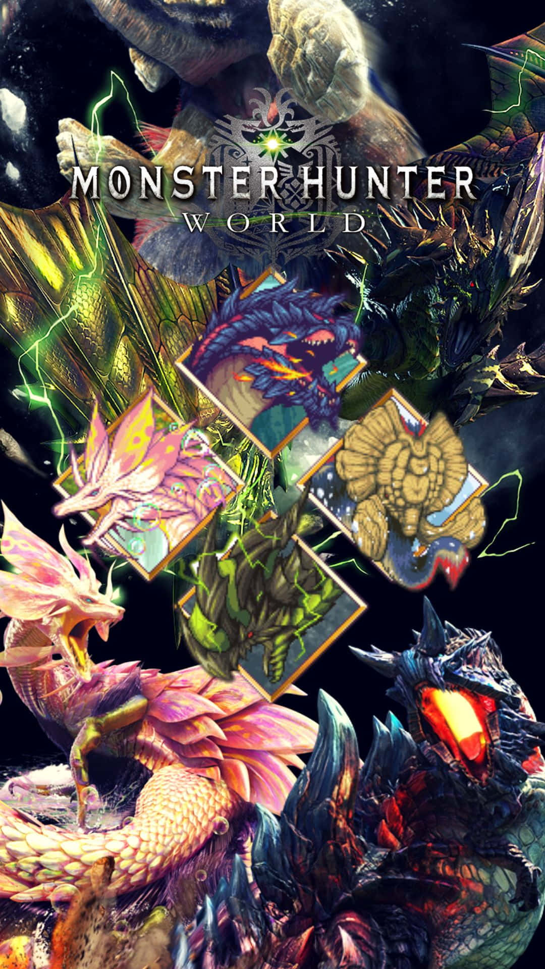 Android Monster Hunter World 桌布 壁紙 — 充滿活力的數位藝術作品，展示《魔物獵人 世界》中多種奇幻魔物，帶有發光效果和動態姿勢。