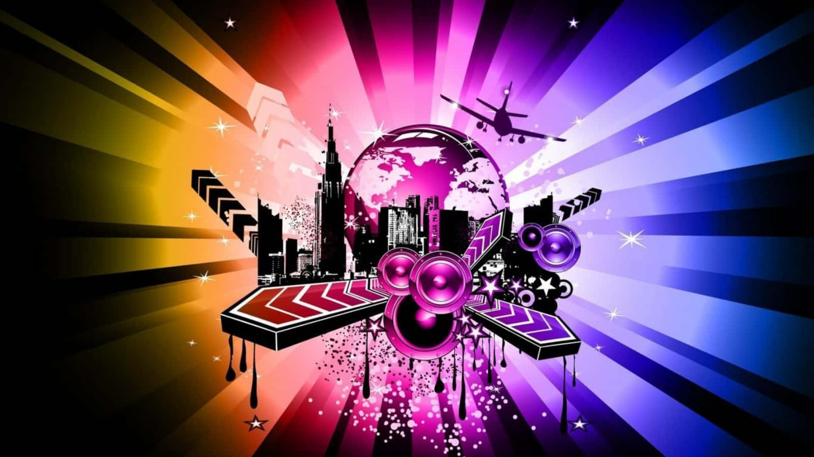 hiphop 桌布 壁紙 — 充滿活力的數位藝術作品，展示一個被城市剪影、揚聲器和飛機環繞的地球，背景是絢麗多彩的放射狀色彩。