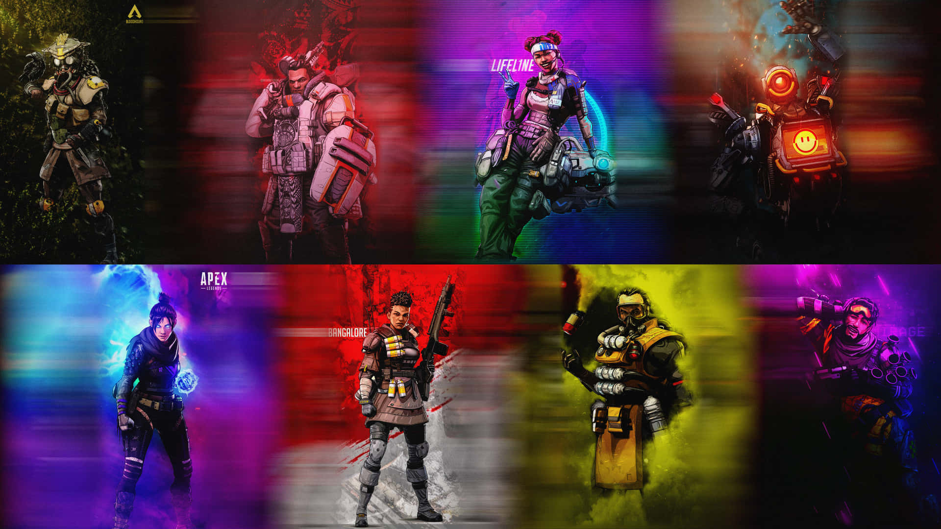 八個Apex Legends角色以色彩繽紛的發光姿勢呈現，背景為動態模糊效果。 — Apex 英雄 GIF 壁紙