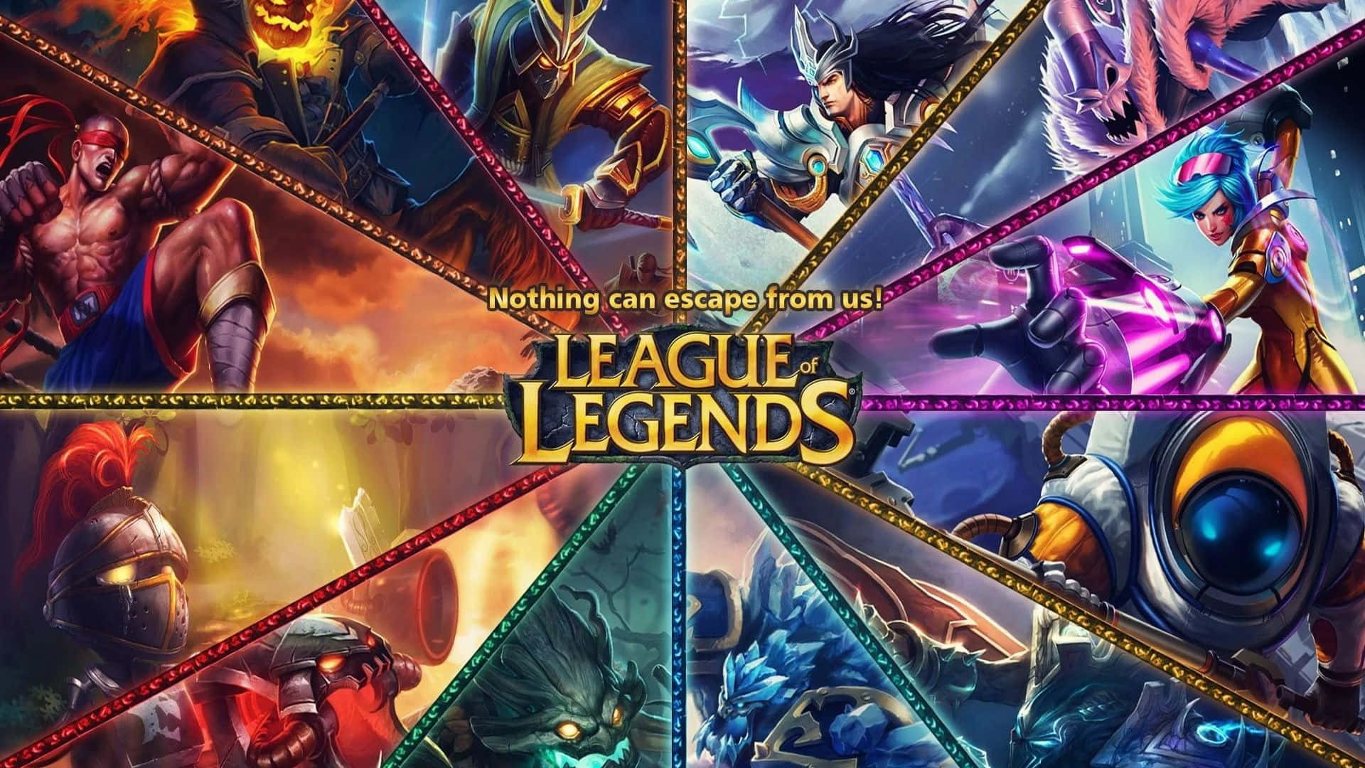 1920x1080 League Of Legends 桌布 壁紙 — 充滿活力的數位藝術作品，展示標誌性的《英雄聯盟》英雄在碎裂金色框架上的動態戰鬥姿勢。