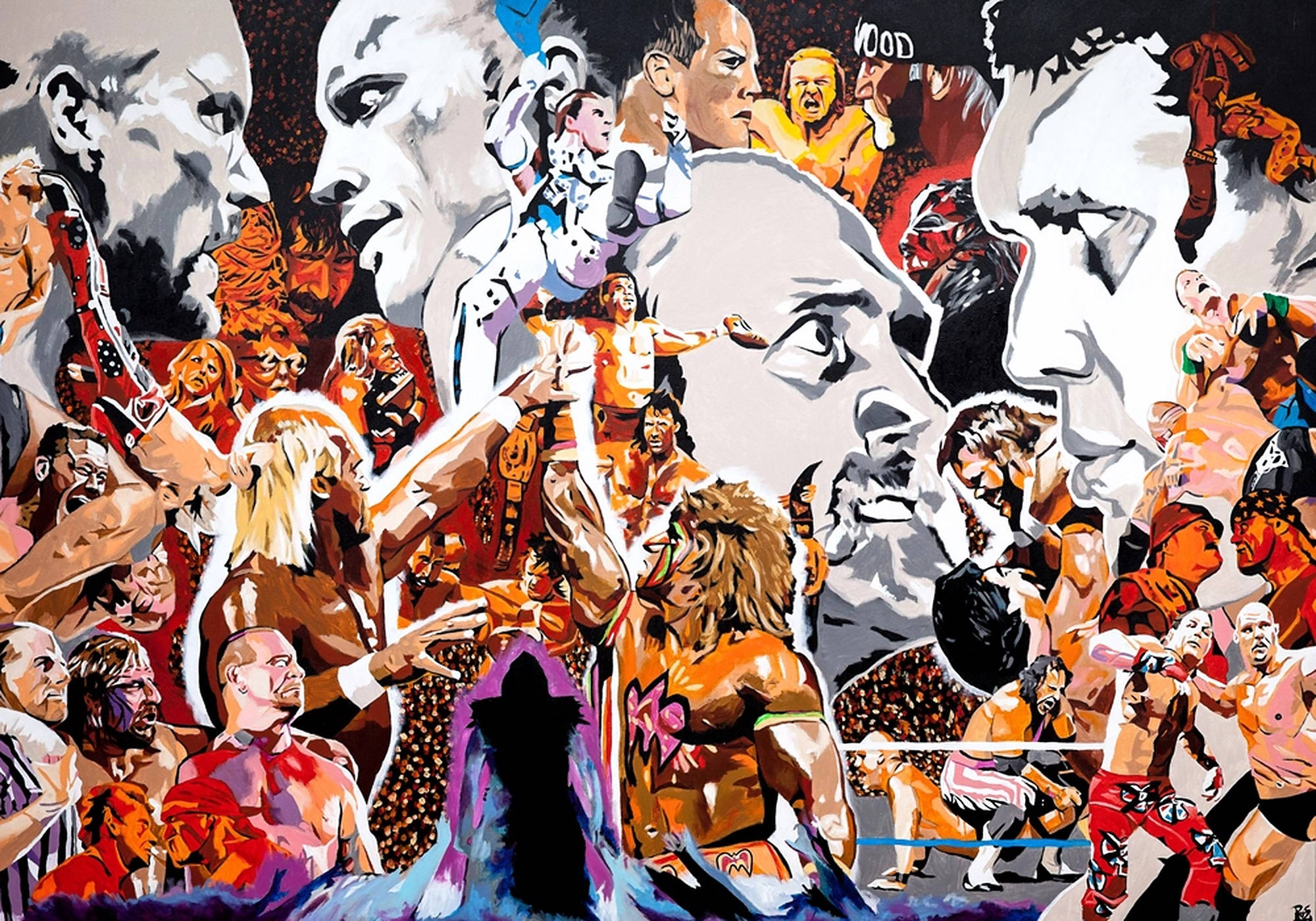 WWE 桌布 壁紙 — 充滿活力的數位藝術作品，描繪標誌性摔角手在混亂人群背景前擺出動態姿勢。