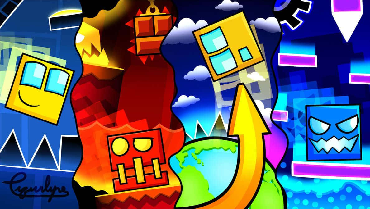 Geometry Dash 桌布 壁紙 — 充滿活力的數位藝術作品，特色是卡通風格的方塊角色，帶有表情豐富的臉孔，漂浮在霓虹雲和幾何形狀之間。