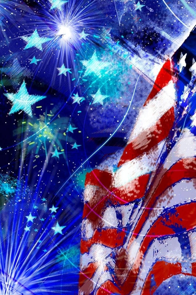 fourth of july 桌布 壁紙 — 充滿活力的數位藝術作品，美國國旗的星星和條紋在宇宙夜空中爆炸出藍綠色煙火。