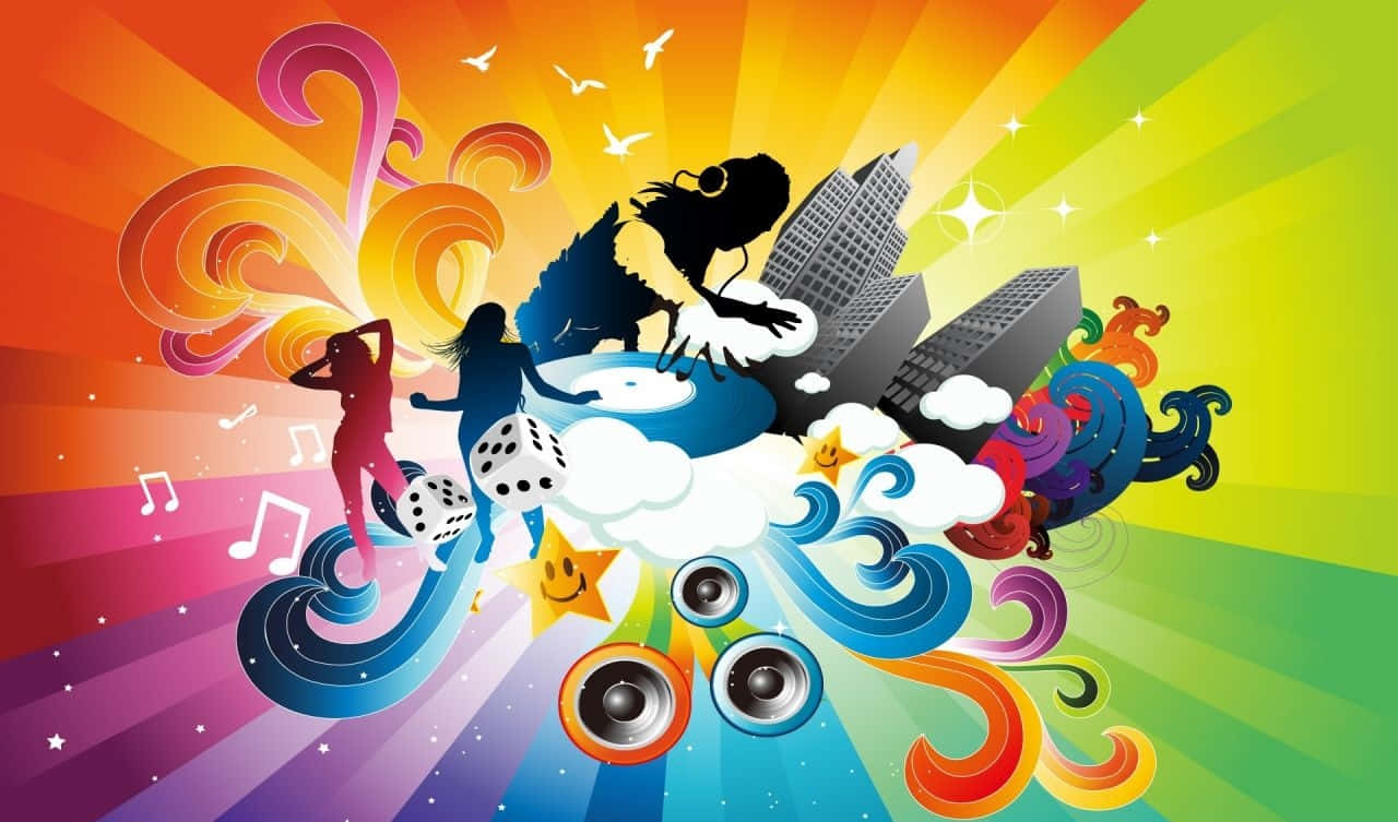 Pop Music 桌布 壁紙 — 充滿活力的數位藝術作品，色彩繽紛的漩渦、音符和剪影舞者在燦爛的彩虹漸變背景上綻放。