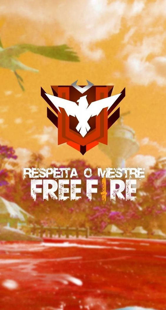 Tropical 桌布 壁紙 — 充滿活力的數位藝術桌布，Free Fire 標誌搭配白色鳥類徽章，位於風格化的景觀之上，有紅色水域和紫色花朵，在溫暖的天空下。