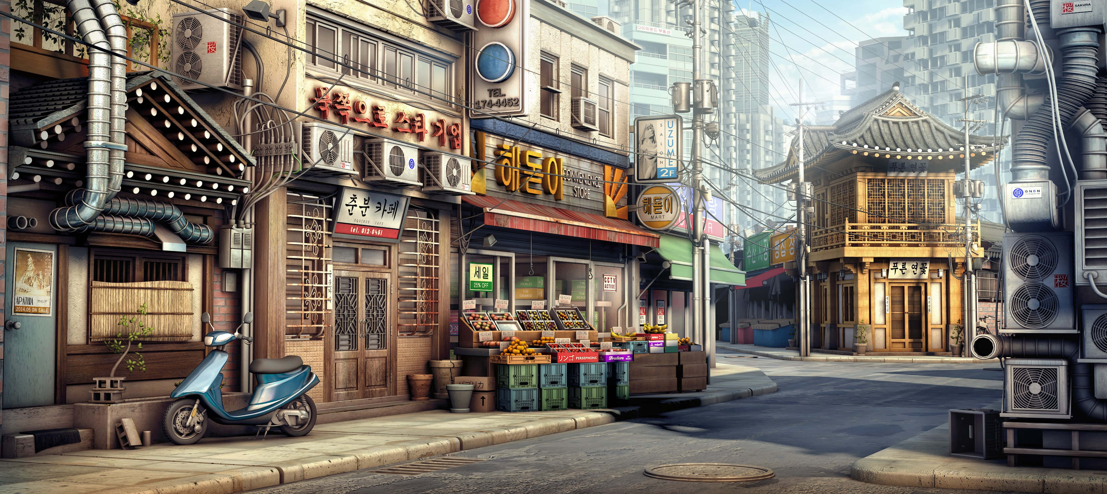 City Street 桌布 壁紙 — 充滿活力的數位街景，融合傳統韓國建築與現代都市元素，並有一輛停放的機車。
