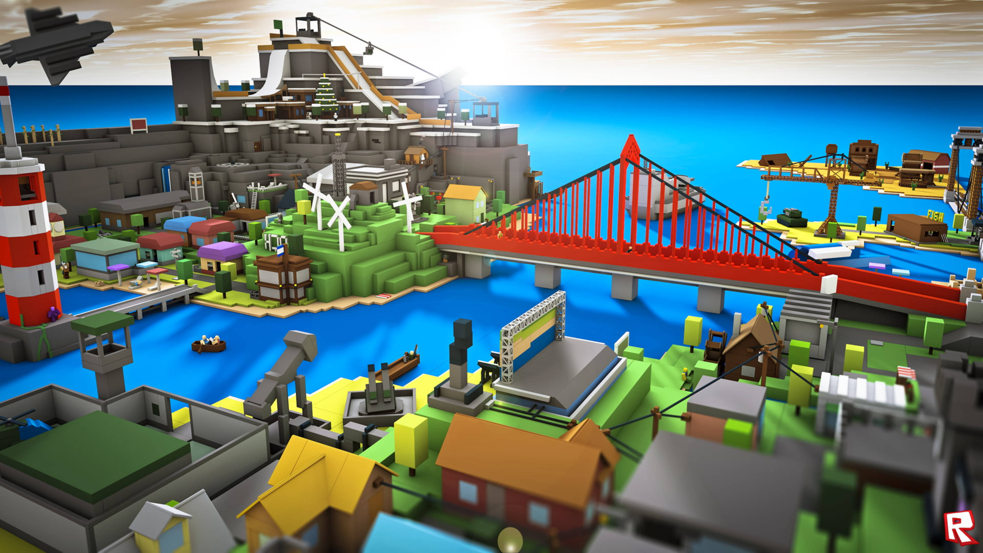 Roblox 桌布 壁紙 — 充滿活力的方塊城市景觀，一座紅色橋樑橫跨藍色河流，連接色彩繽紛的房屋和工業區，天空明亮。