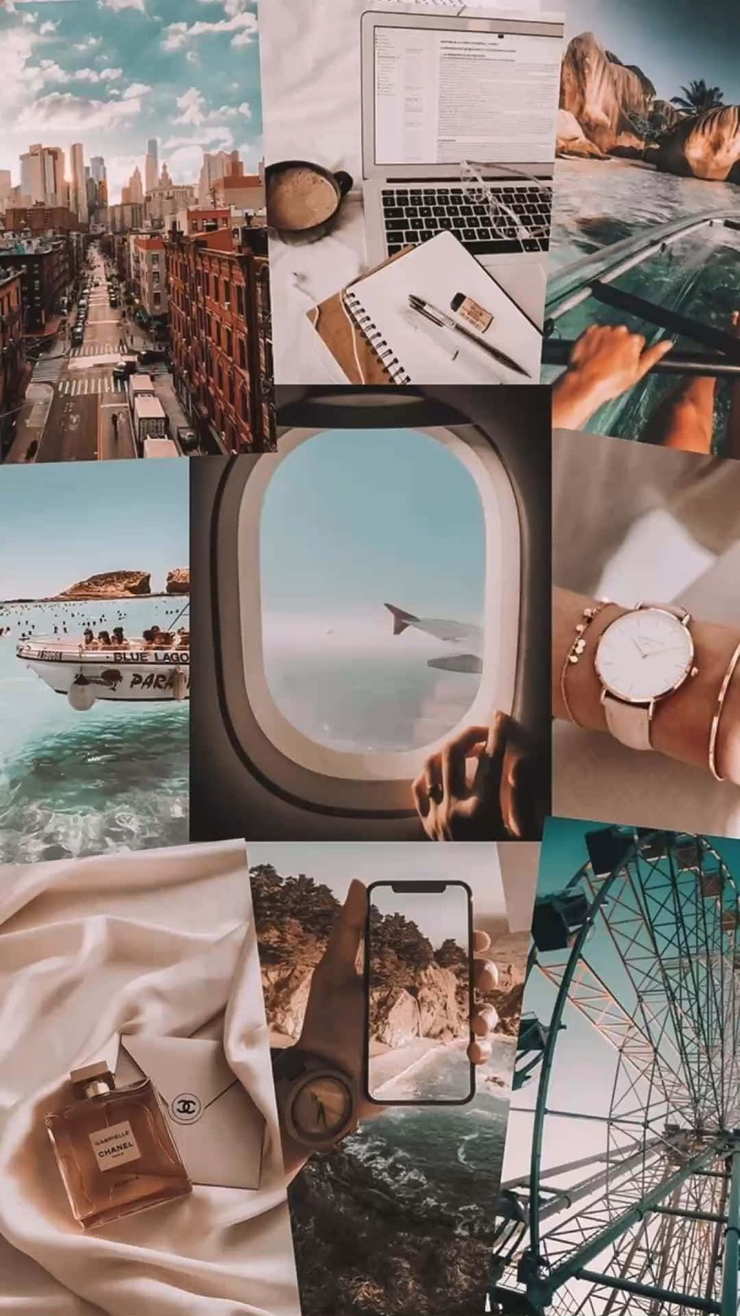 Italy Aesthetic 桌布 壁紙 — 充滿活力的旅行時刻拼貼畫，包括城市街道、海景、飛機窗戶和奢侈品。