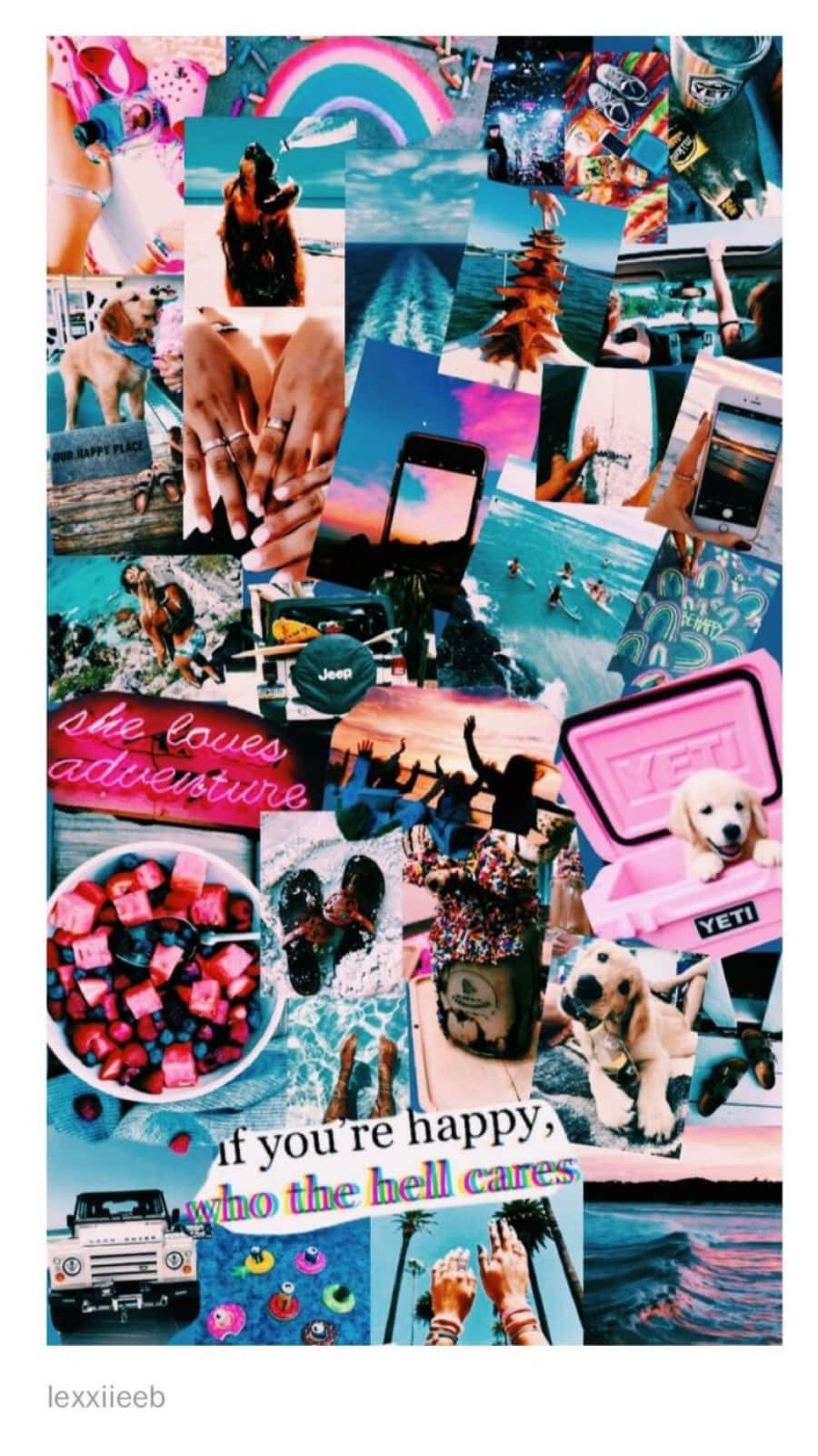 iPhone Collage 桌布 壁紙 — 充滿活力的旅行自拍、寵物、海浪和彩色文字片段拼貼，慶祝冒險和歡樂。