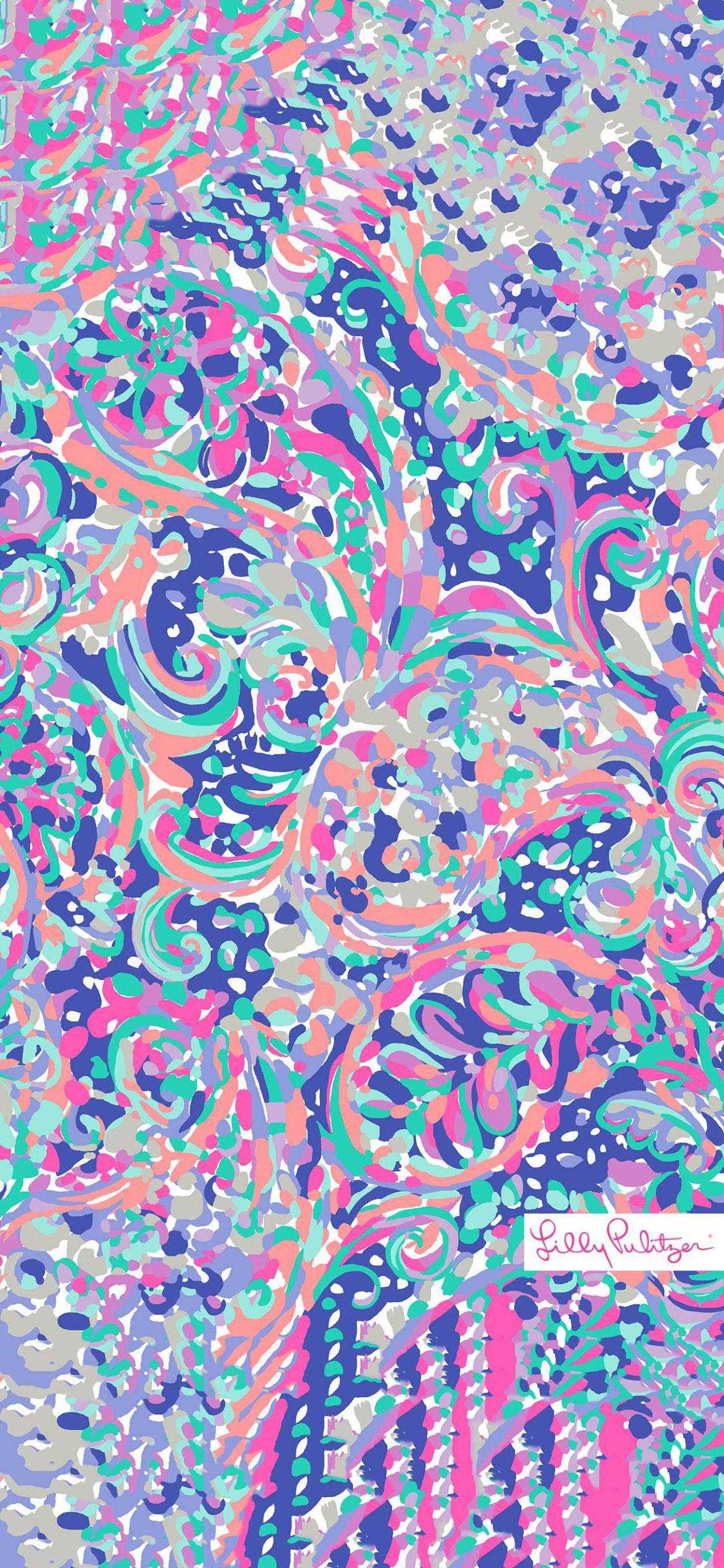 lilly 桌布 壁紙 — 充滿活力的旋轉佩斯利圖案，以粉紅色、藍綠色和紫色為主，在淺色背景上帶有抽象花卉圖案。