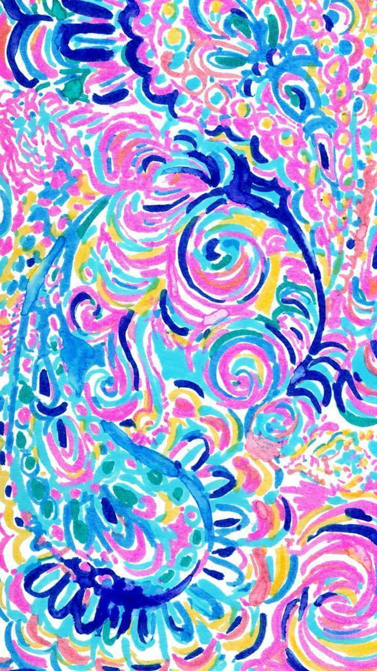 Lilly Pulitzer iPhone 桌布 壁紙 — 充滿活力的旋轉佩斯利圖案，以電光藍、粉紅和黃色創造出迷幻抽象壁紙。