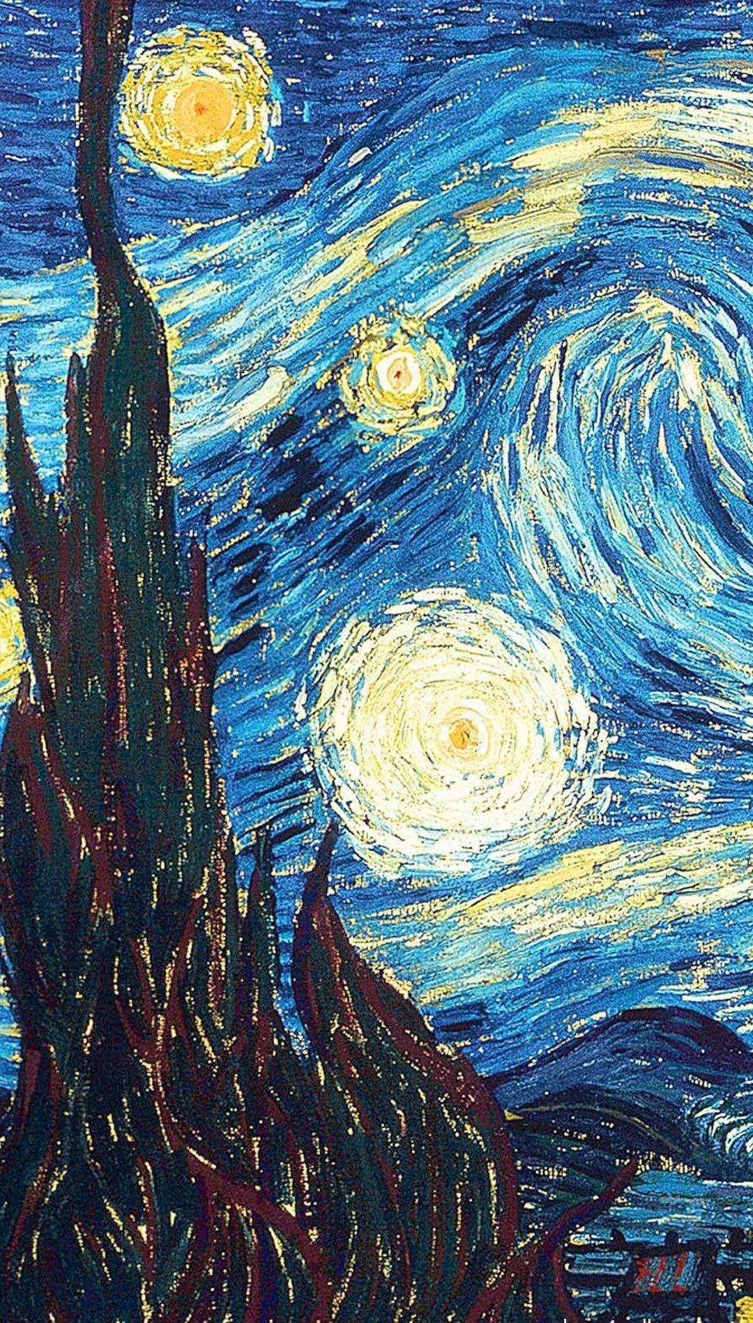 Vincent 桌布 壁紙 — 充滿活力的旋轉夜空，閃爍的星星和一棵深色柏樹，在動盪的藍色畫布下。