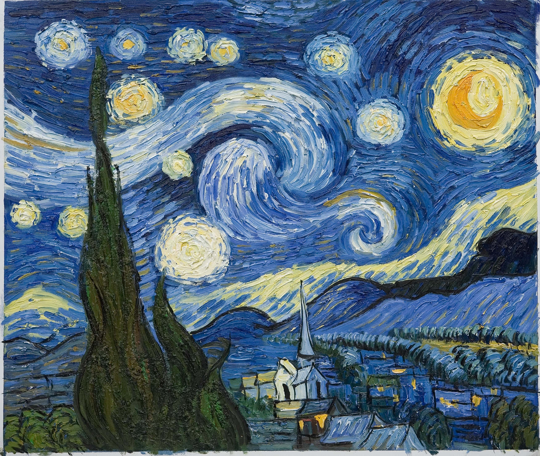 Painting 桌布 壁紙 — 充滿活力的旋轉夜空，閃爍的星星和彎月照耀著寧靜的村莊和高大的柏樹。