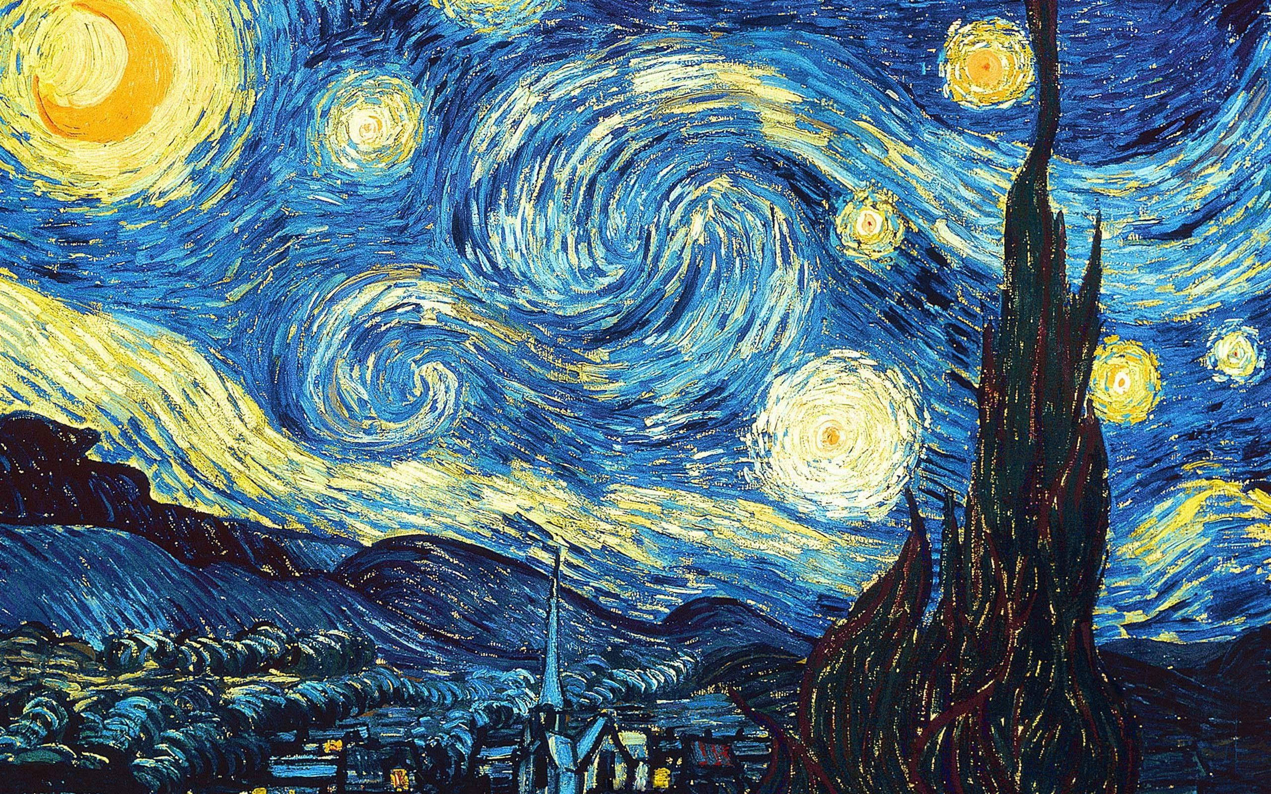 Vincent 桌布 壁紙 — 充滿活力的旋轉夜空，閃爍的星星和一棵高大的柏樹，下方是寧靜的村莊。