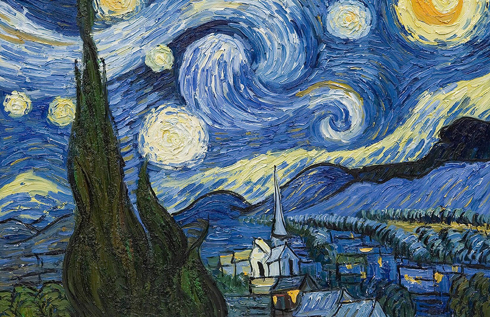 Starry 桌布 壁紙 — 充滿活力的旋轉夜空，閃爍的星星和柏樹，在深藍和黃色色調下覆蓋著寧靜的村莊。