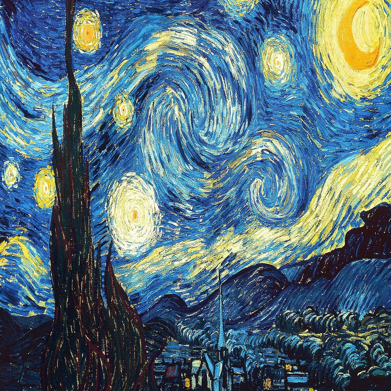 Painting 桌布 壁紙 — 充滿活力的旋轉夜空，閃爍的星星和彎月懸掛在深色柏樹和村莊之上。