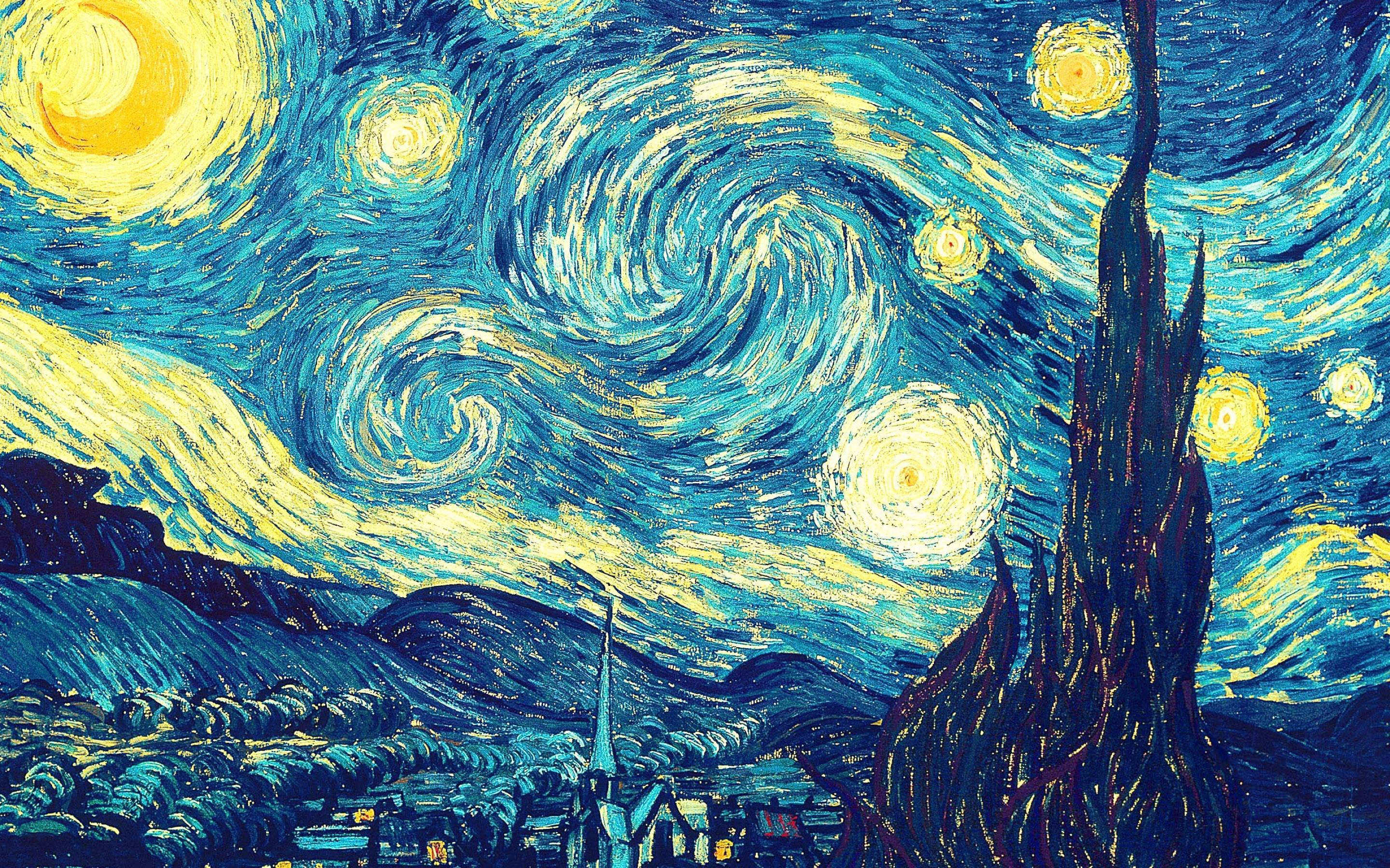 美學藝術 桌布 壁紙 — 充滿活力的旋轉夜空，閃爍的星星和一棵高大的柏樹，下方是寧靜的村莊。