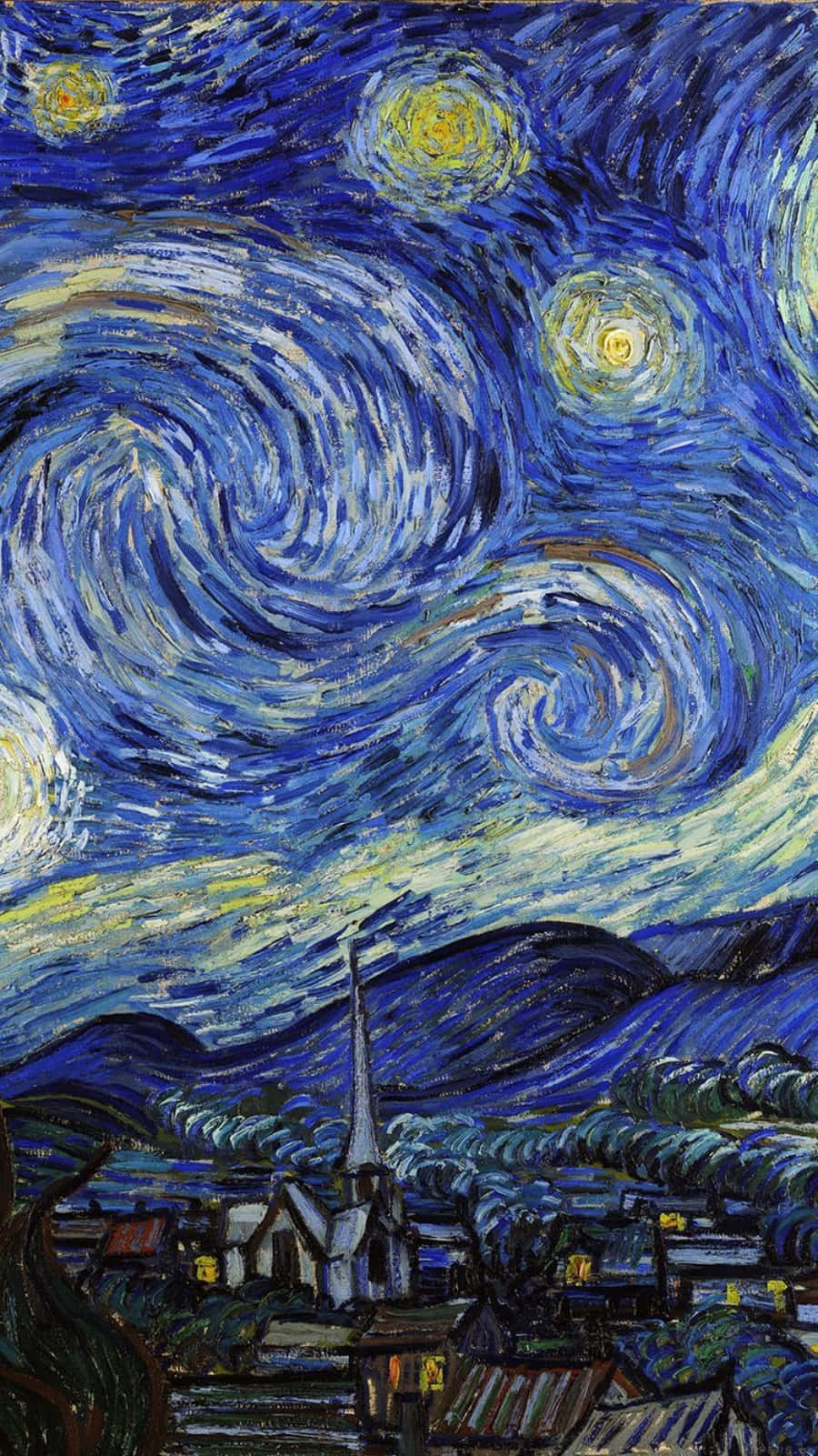 Painting 桌布 壁紙 — 充滿活力的旋轉夜空，閃爍的星星和下方寧靜的村莊，呈現深藍和黃色調。