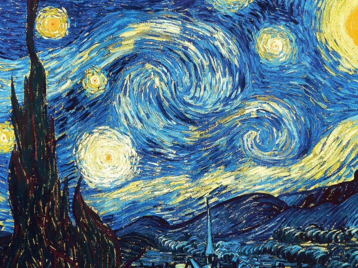 Painting 桌布 壁紙 — 充滿活力的旋轉夜空，閃爍的星星和一棵黑暗的柏樹，在寧靜的村莊上空。