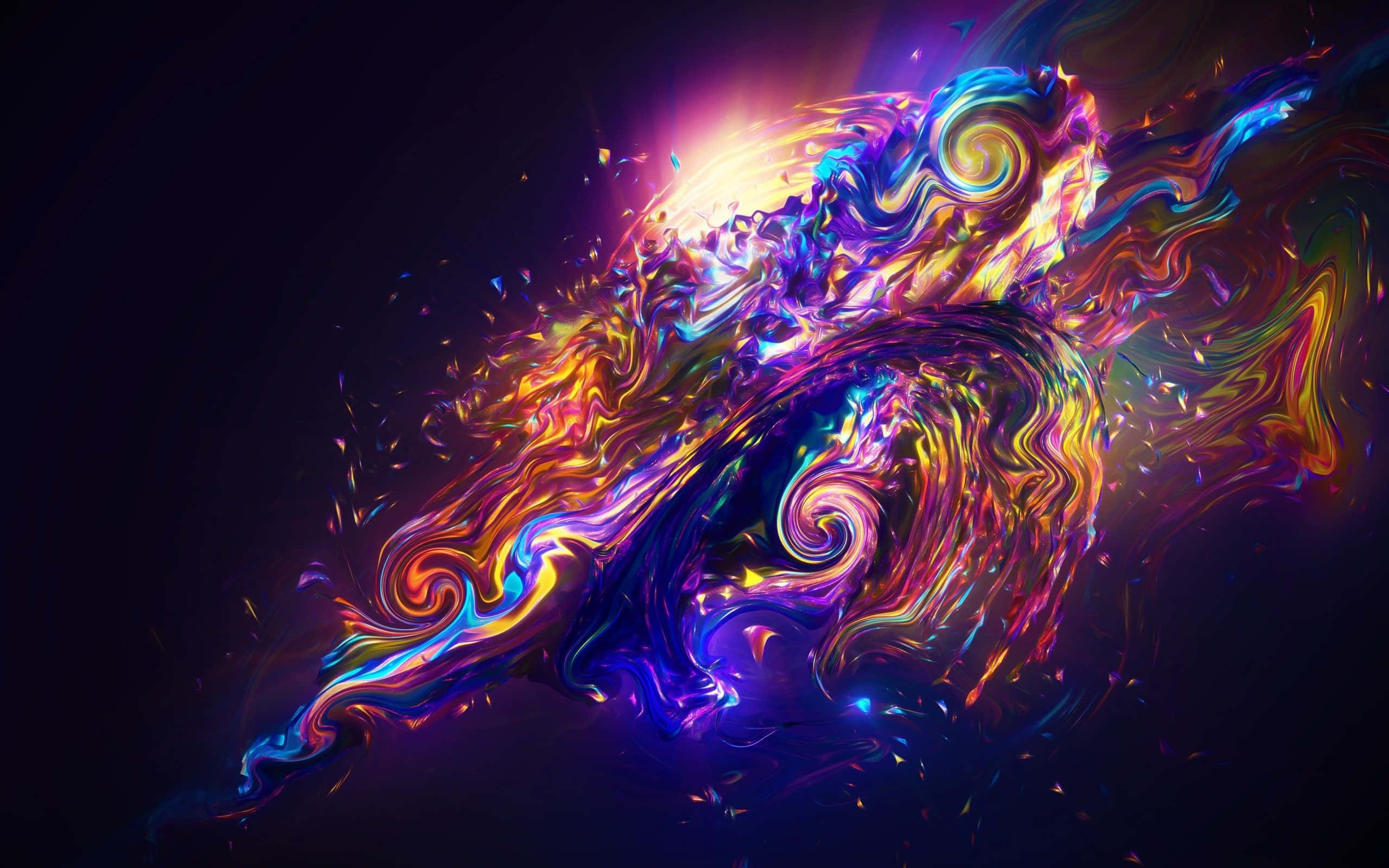 Abstraction 桌布 壁紙 — 充滿活力的旋轉宇宙星雲，帶有紫色、橙色和藍色的電光色調，映襯著黑暗虛空。