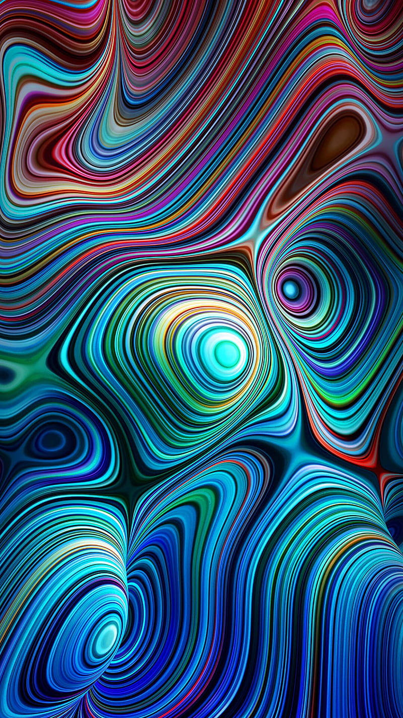 藝術 桌布 壁紙 — 充滿活力的旋轉彩色絲帶在數位畫布上以催眠般的同心圖案流動。